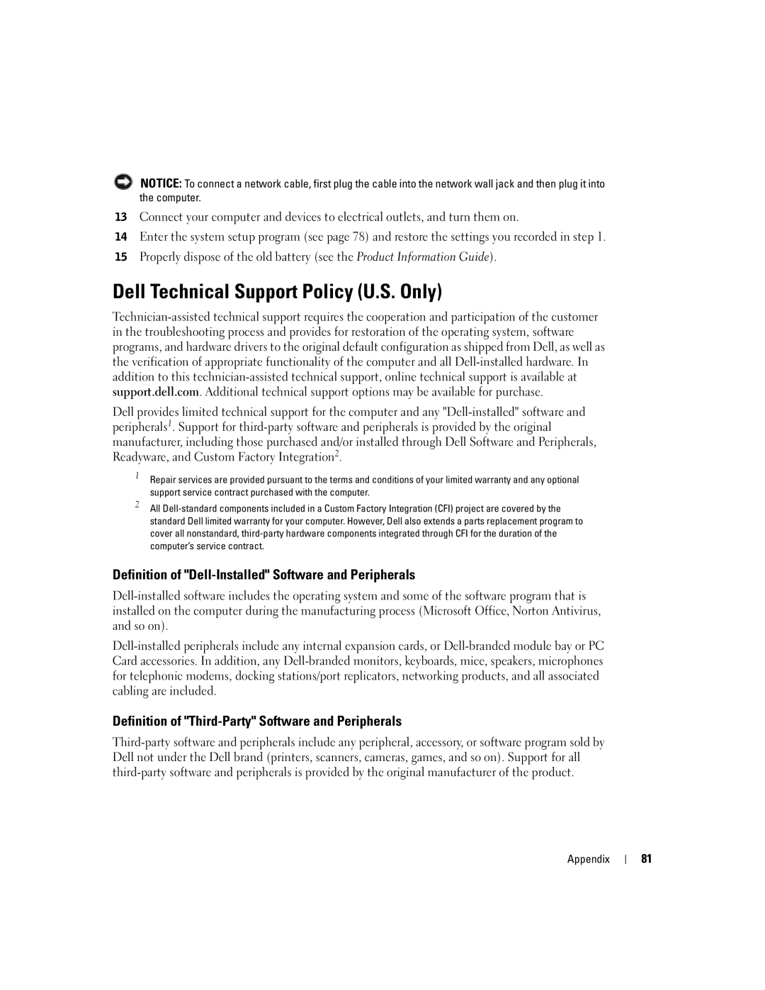 Dell H7228 manual Dell Technical Support Policy U.S. Only, Definition of Dell-Installed Software and Peripherals 