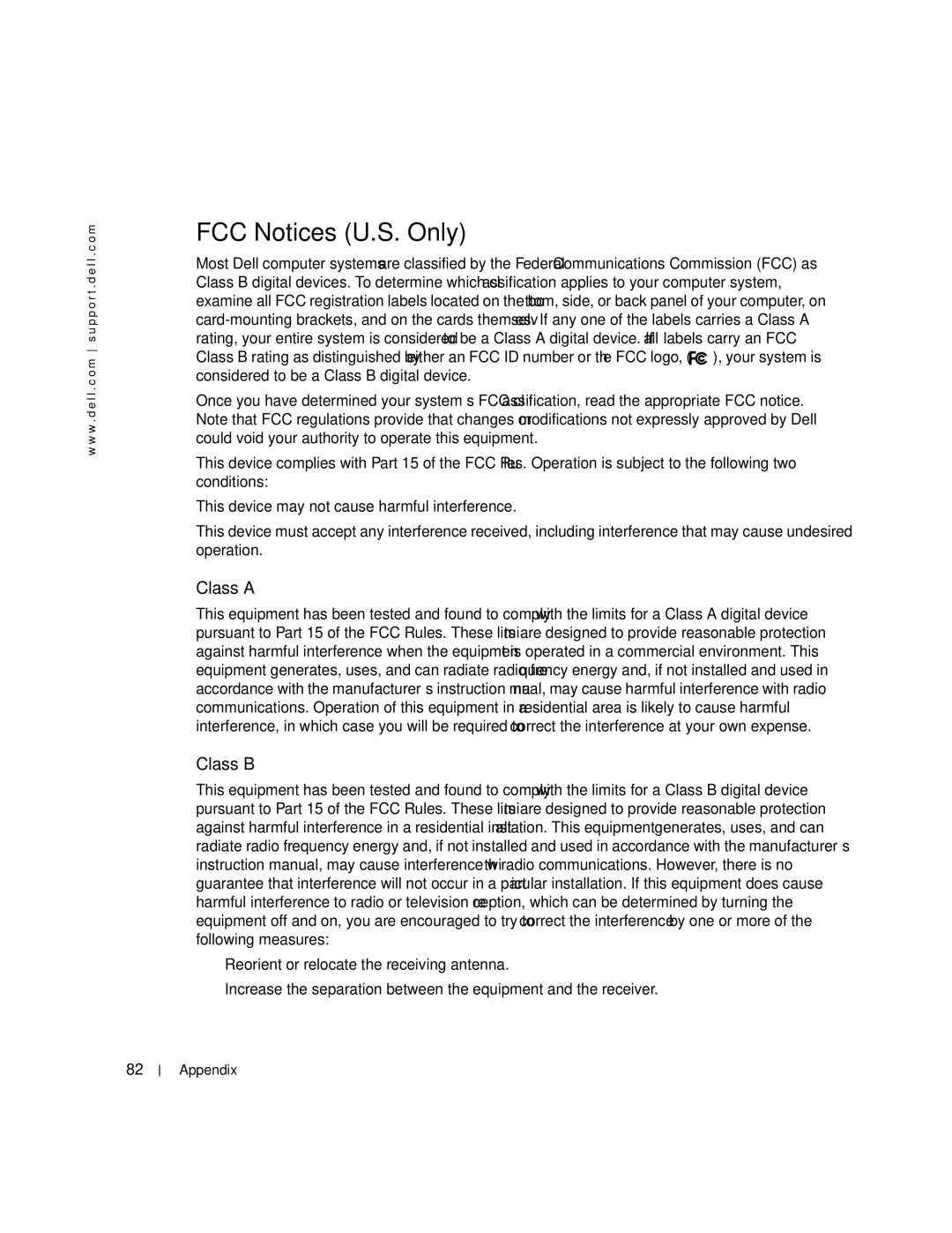 Dell H7228 manual FCC Notices U.S. Only, Class a Class B 