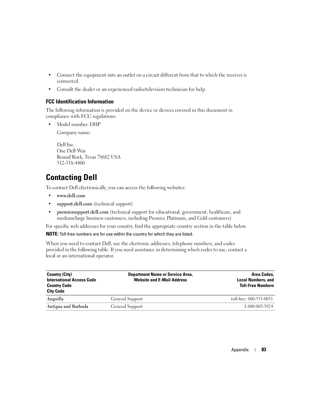 Dell H7228 manual Contacting Dell, FCC Identification Information 