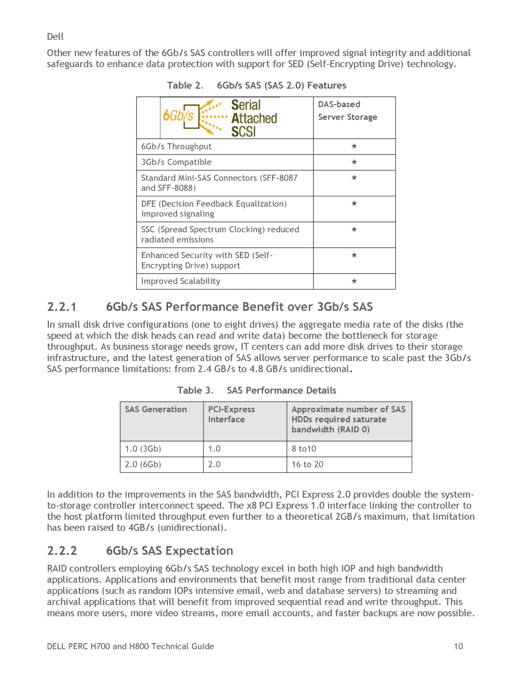 Dell H800, H700 manual 1 6Gb/s SAS Performance Benefit over 3Gb/s SAS, 2 6Gb/s SAS Expectation, Gb/s SAS SAS 2.0 Features 