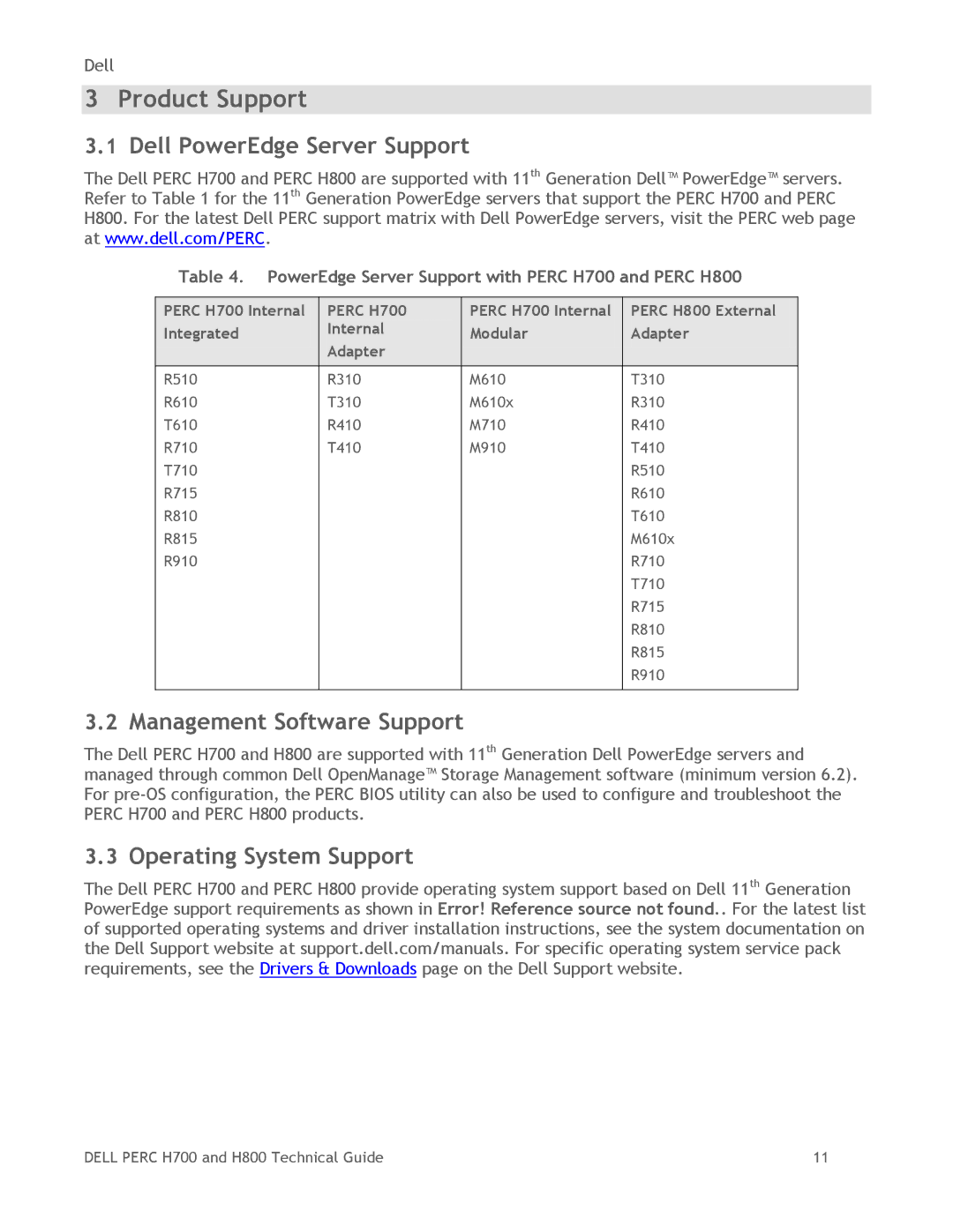 Dell H700, H800 manual Product Support, Dell PowerEdge Server Support, Management Software Support, Operating System Support 