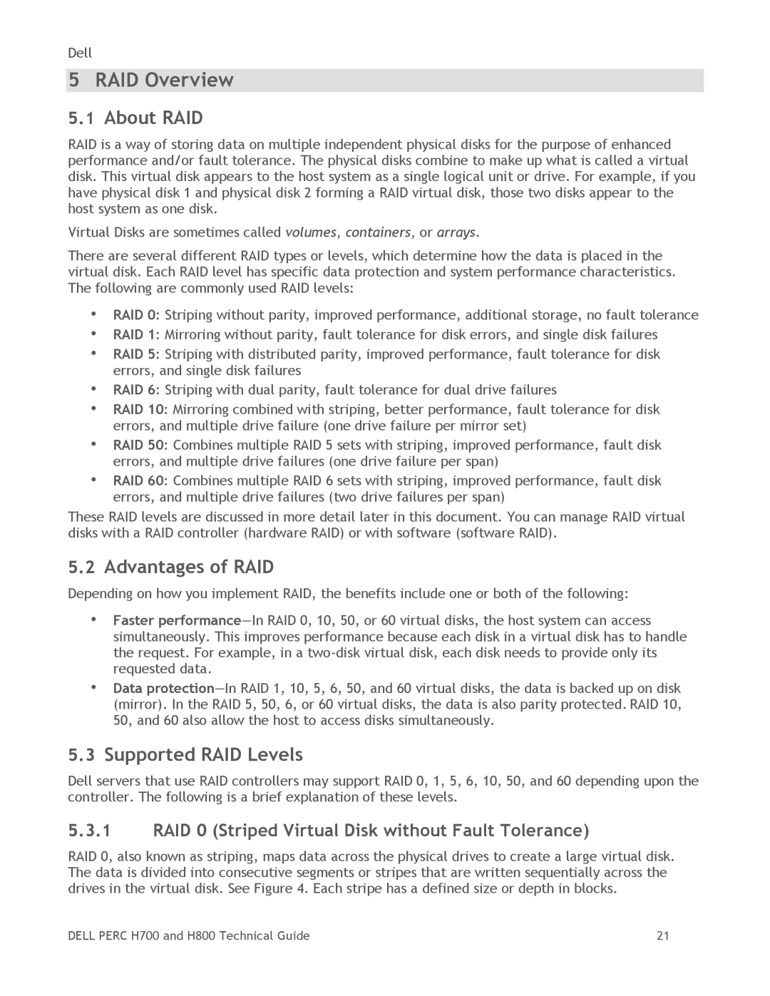 Dell H700, H800 manual RAID Overview, About RAID, Advantages of RAID, Supported RAID Levels 