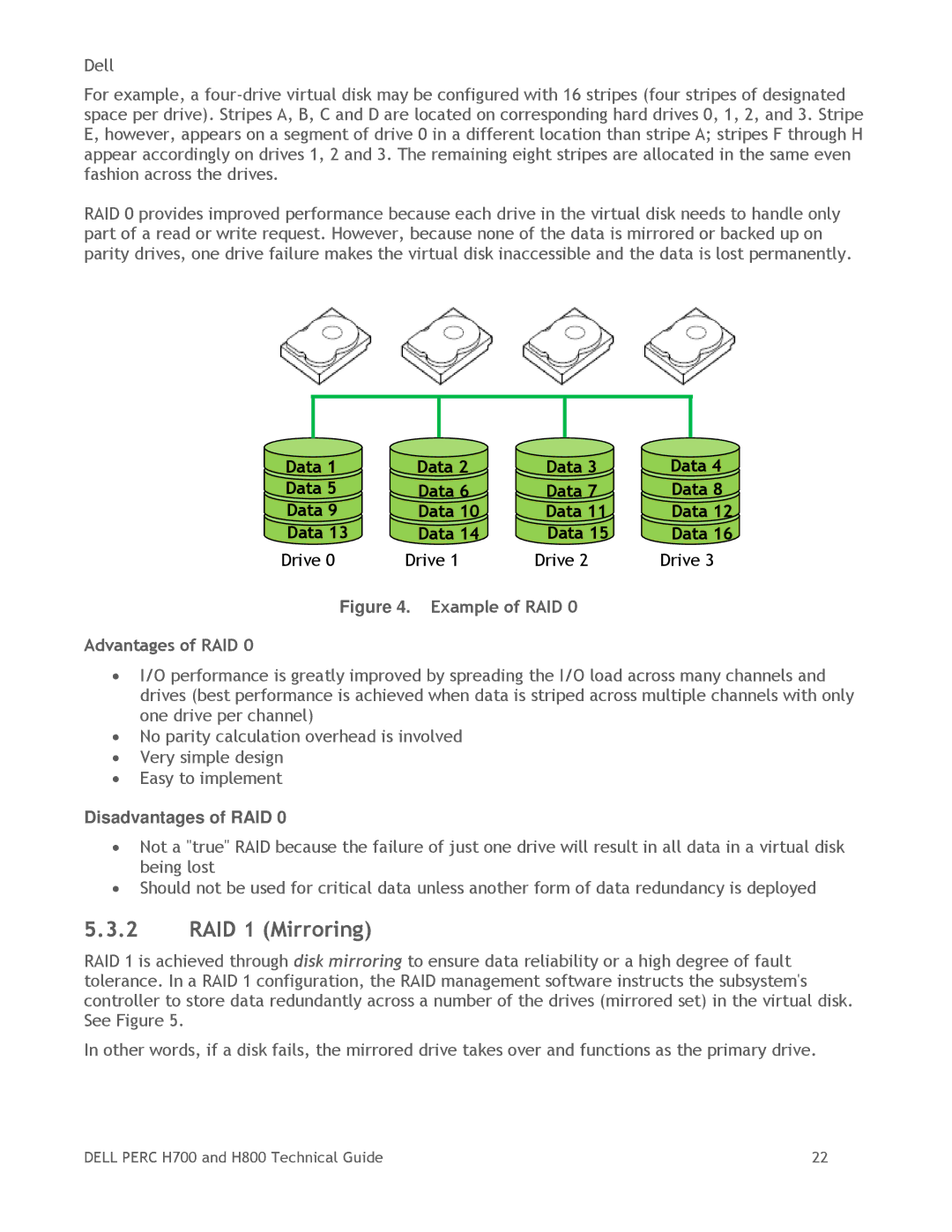 Dell H800, H700 manual RAID 1 Mirroring, Example of RAID Advantages of RAID 