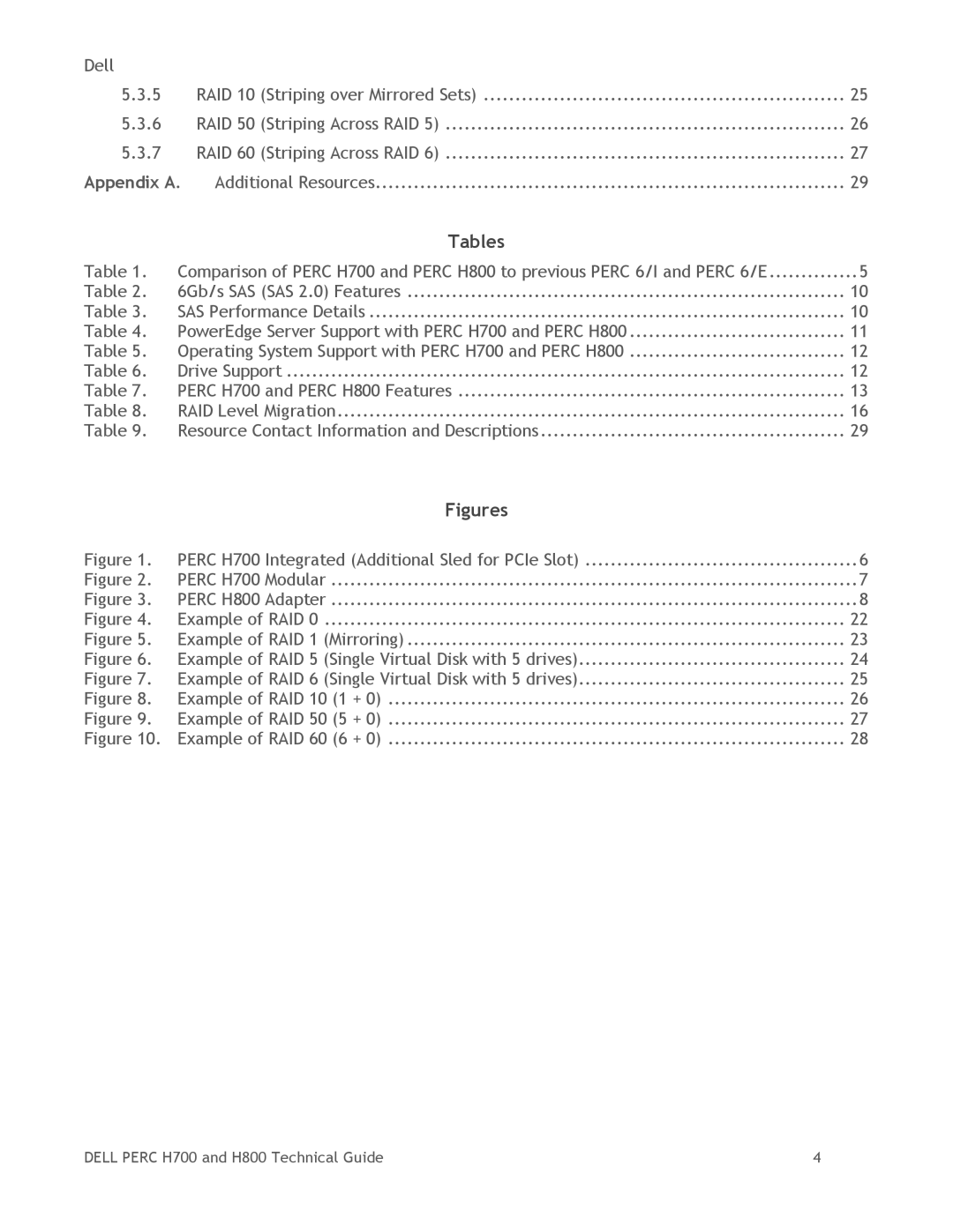 Dell H800, H700 manual Tables, Appendix a 