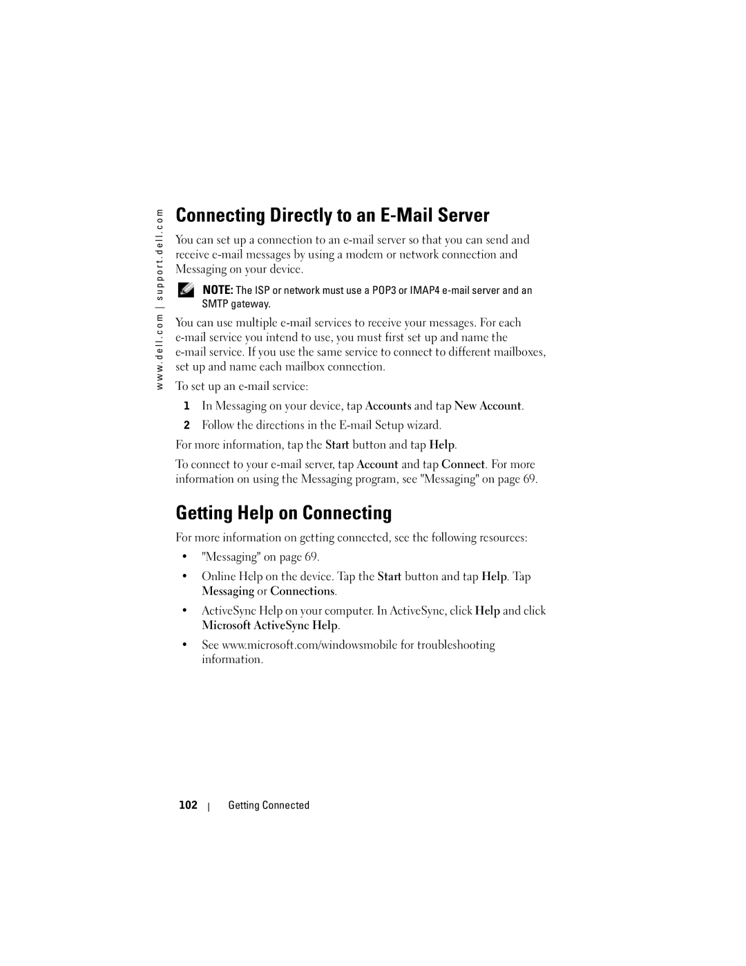 Dell HC02U-C, HC02U-W Connecting Directly to an E-Mail Server, Getting Help on Connecting, Messaging or Connections 