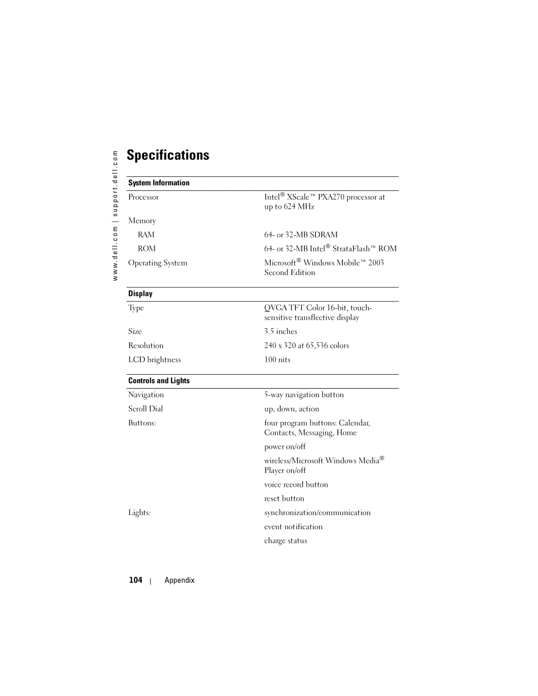 Dell HC02U-B, HC02U-C, HC02U-W, HD03U owner manual Specifications, System Information Processor Memory 