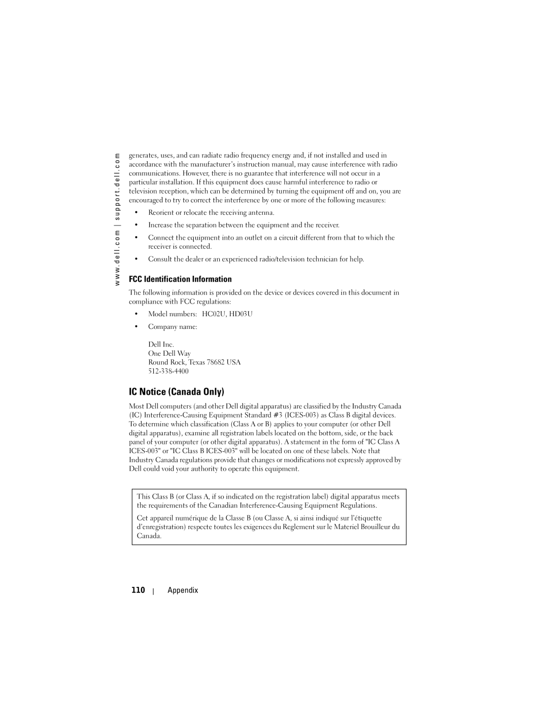 Dell HC02U-C, HC02U-W, HD03U, HC02U-B owner manual IC Notice Canada Only, FCC Identification Information, Appendix 