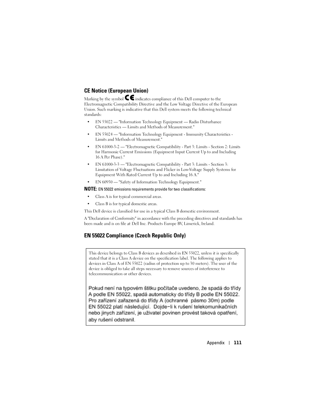 Dell HC02U-W, HC02U-C, HD03U, HC02U-B CE Notice European Union, EN 55022 Compliance Czech Republic Only, Appendix 111 