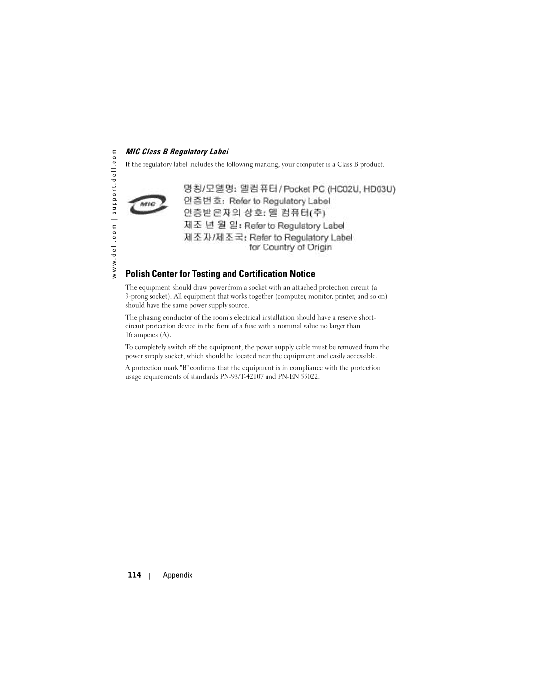 Dell HC02U-B, HC02U-C, HC02U-W Polish Center for Testing and Certification Notice, MIC Class B Regulatory Label, Appendix 