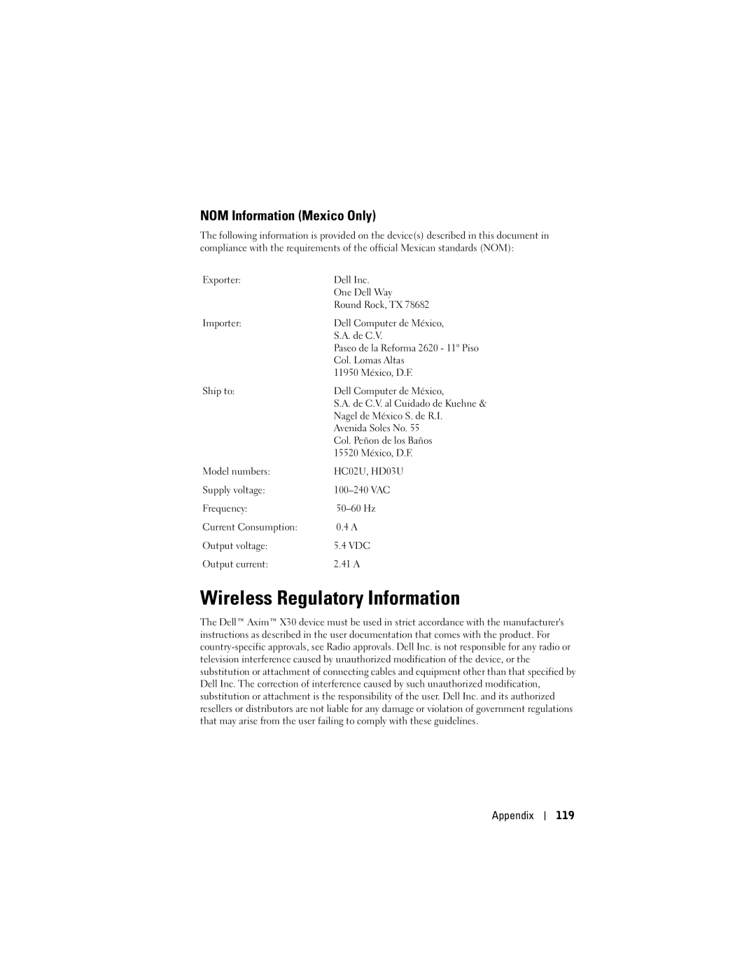 Dell HC02U-B, HC02U-C, HC02U-W, HD03U owner manual Wireless Regulatory Information, NOM Information Mexico Only, Appendix 119 