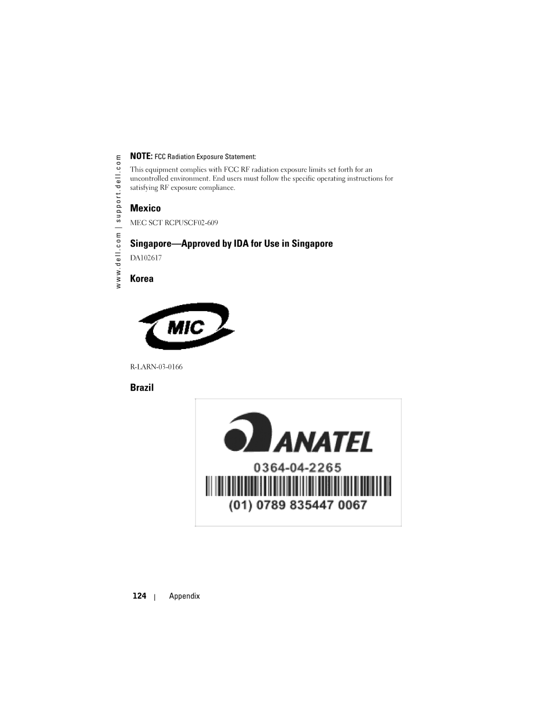 Dell HC02U-B, HC02U-C, HC02U-W, HD03U Mexico, Singapore-Approved by IDA for Use in Singapore, Korea, Brazil, Appendix 