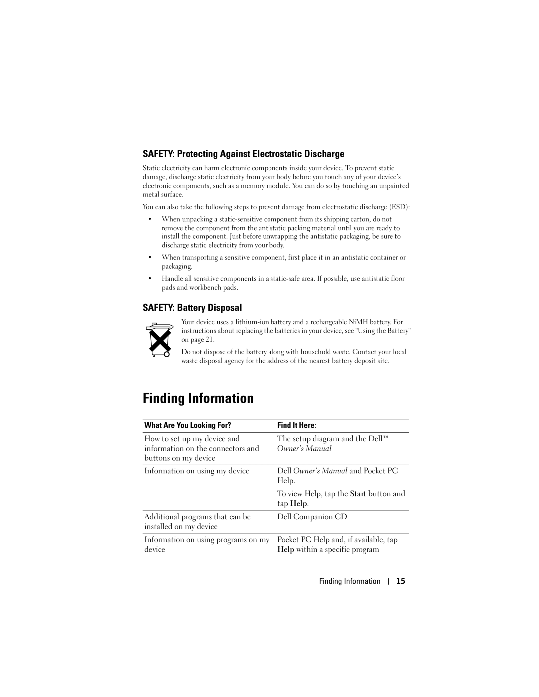 Dell HC02U-C Finding Information, Safety Protecting Against Electrostatic Discharge, Safety Battery Disposal, Tap Help 