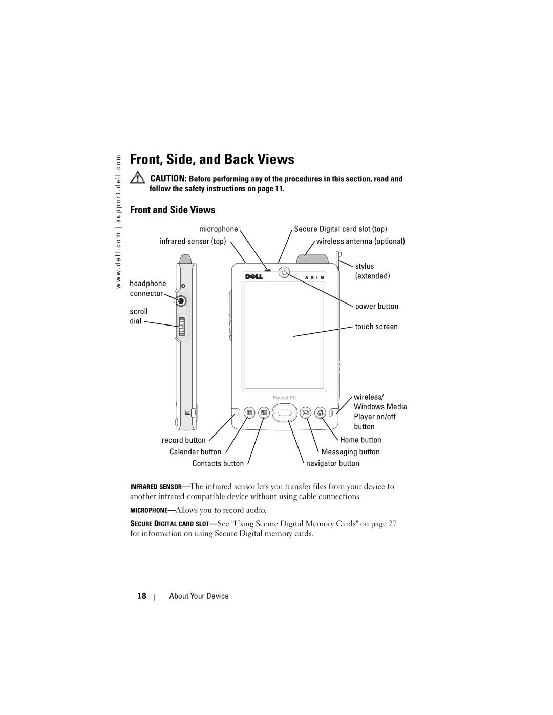 Dell HD03U, HC02U-C, HC02U-W Front, Side, and Back Views, Front and Side Views, Microphone Infrared sensor top, Scroll dial 