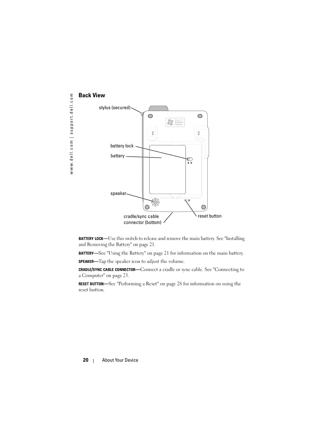 Dell HC02U-C, HC02U-W, HD03U, HC02U-B owner manual Back View, Stylus secured Battery lock Speaker Cradle/sync cable 