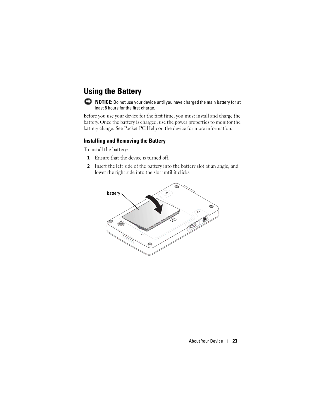 Dell HC02U-W, HC02U-C, HD03U, HC02U-B Using the Battery, Installing and Removing the Battery, Battery About Your Device 