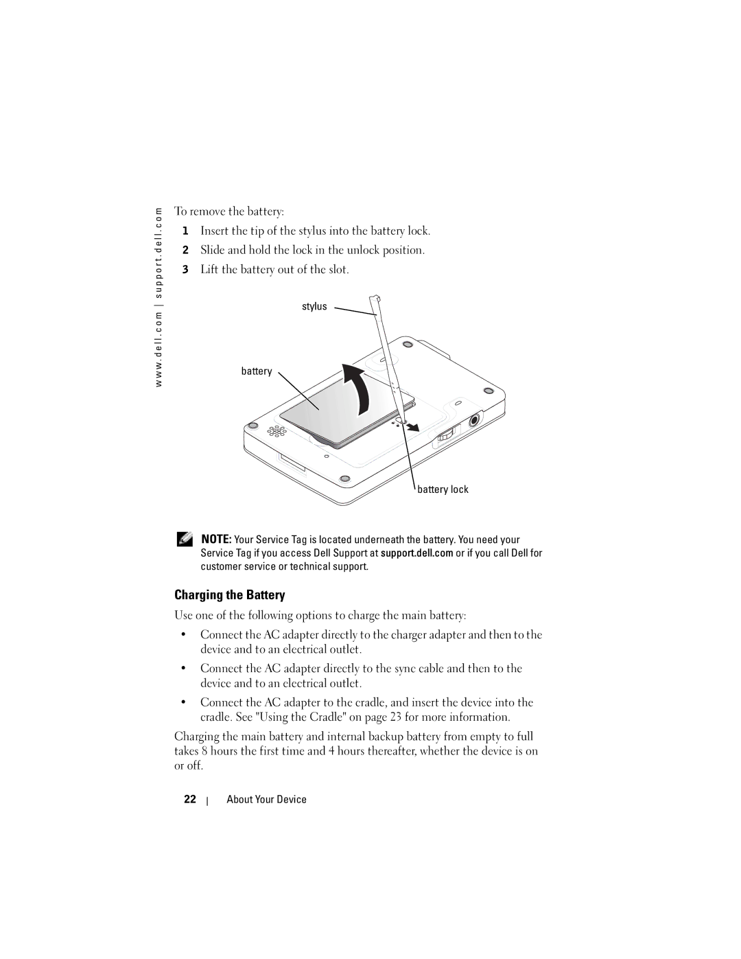 Dell HC02U-C, HC02U-W, HD03U, HC02U-B owner manual Charging the Battery, Stylus Battery Battery lock 