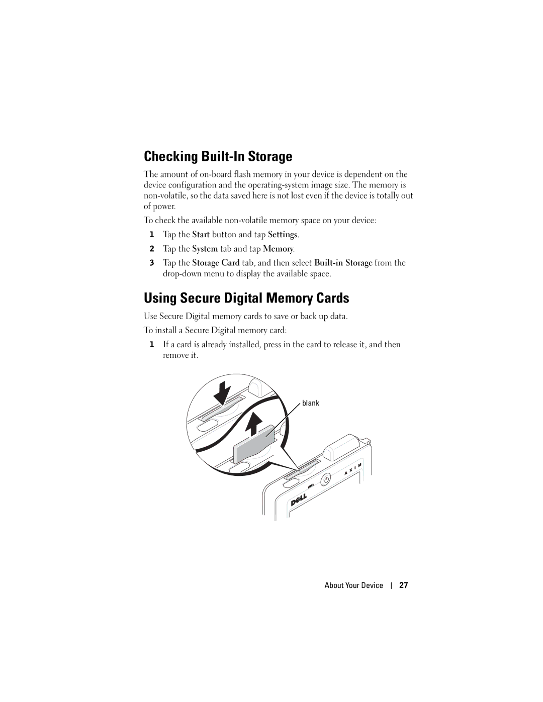 Dell HC02U-C, HC02U-W, HD03U Checking Built-In Storage, Using Secure Digital Memory Cards, Blank About Your Device 