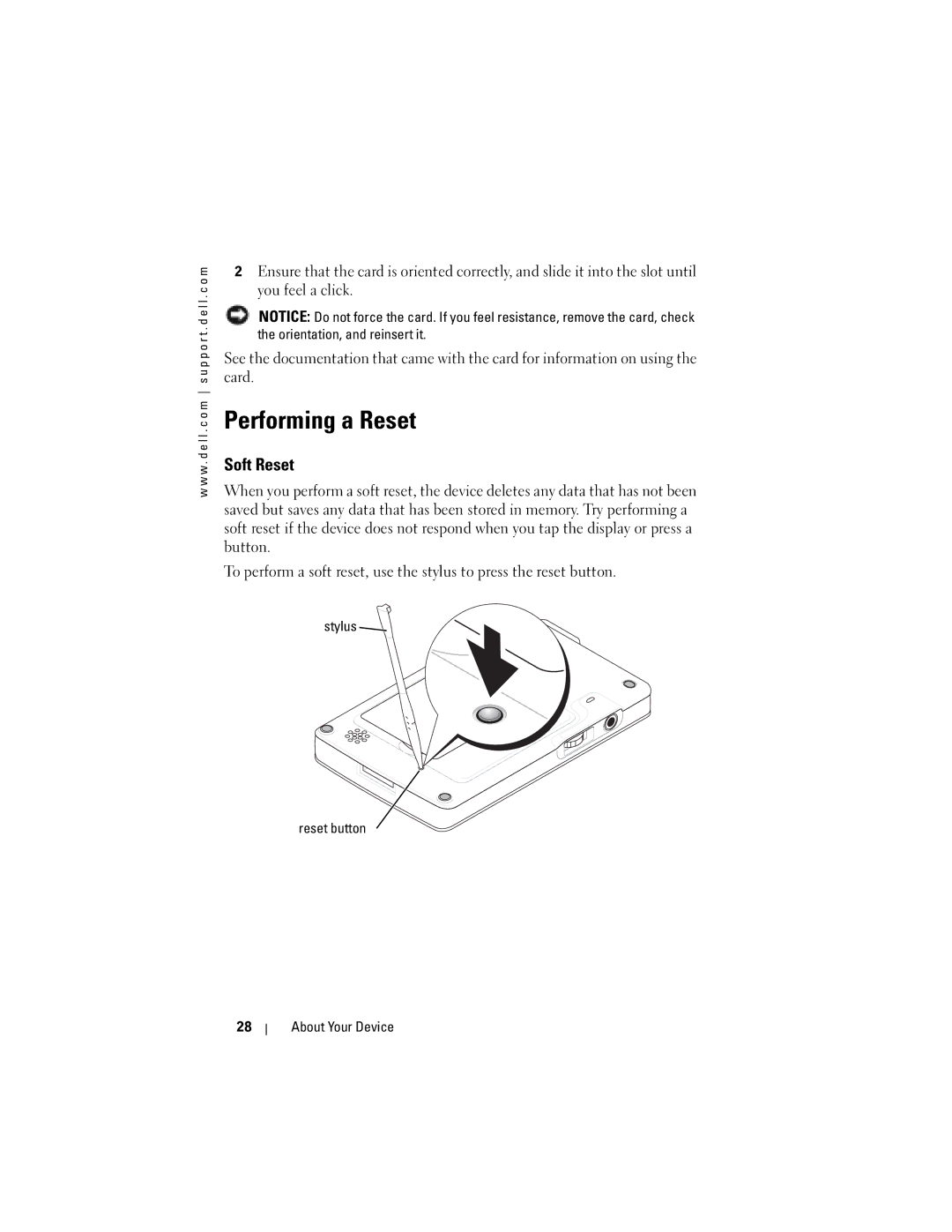 Dell HD03U, HC02U-C, HC02U-W, HC02U-B owner manual Performing a Reset, Soft Reset, Stylus Reset button About Your Device 