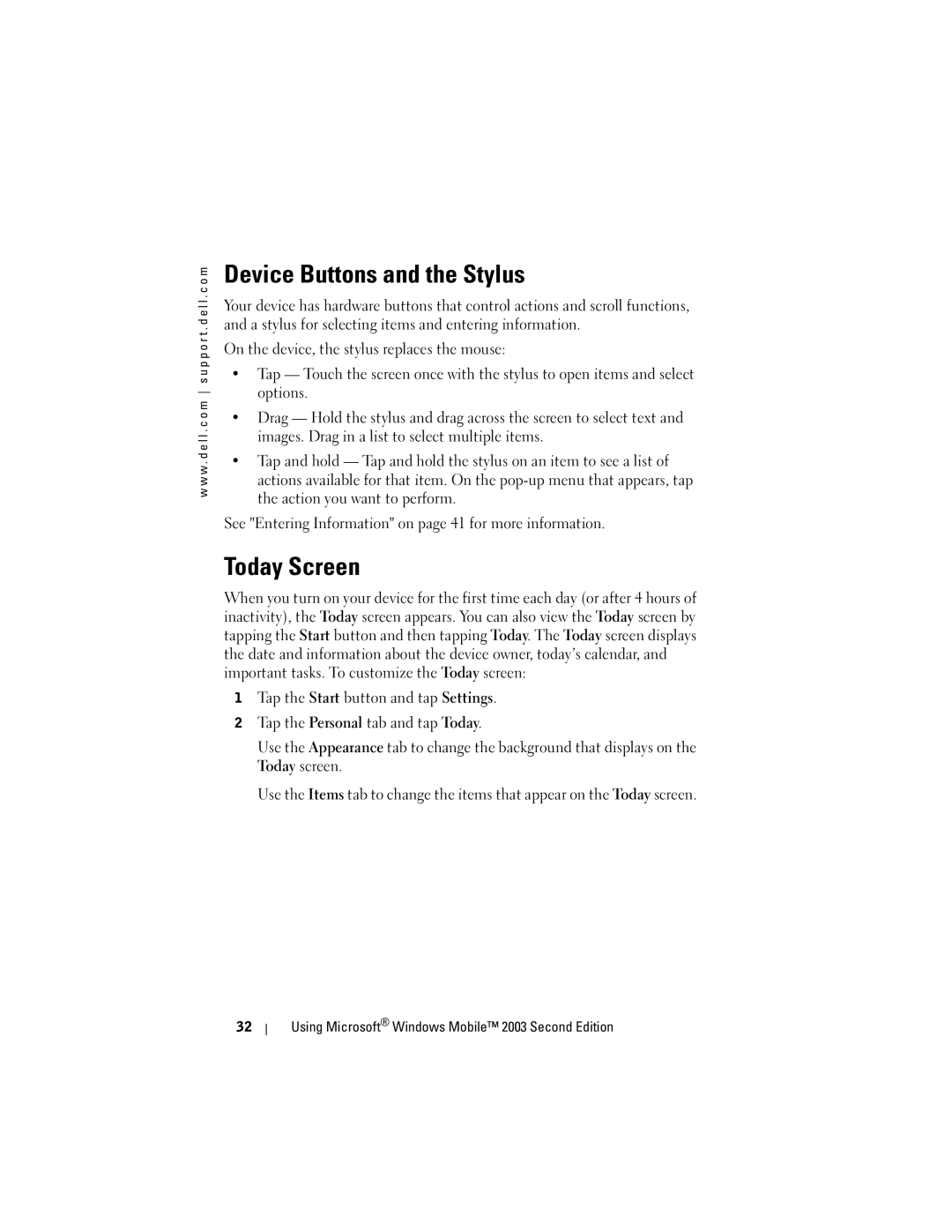 Dell HC02U-C, HC02U-W Device Buttons and the Stylus, Today Screen, Using Microsoft Windows Mobile 2003 Second Edition 