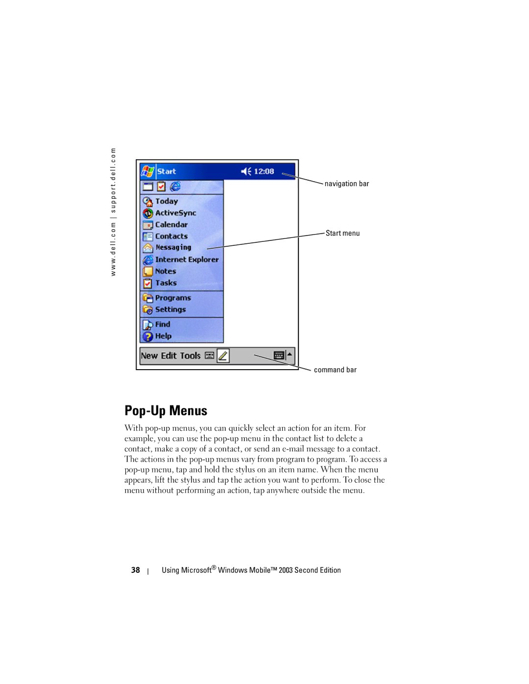 Dell HD03U, HC02U-C, HC02U-W, HC02U-B owner manual Pop-Up Menus, Navigation bar Start menu Command bar 