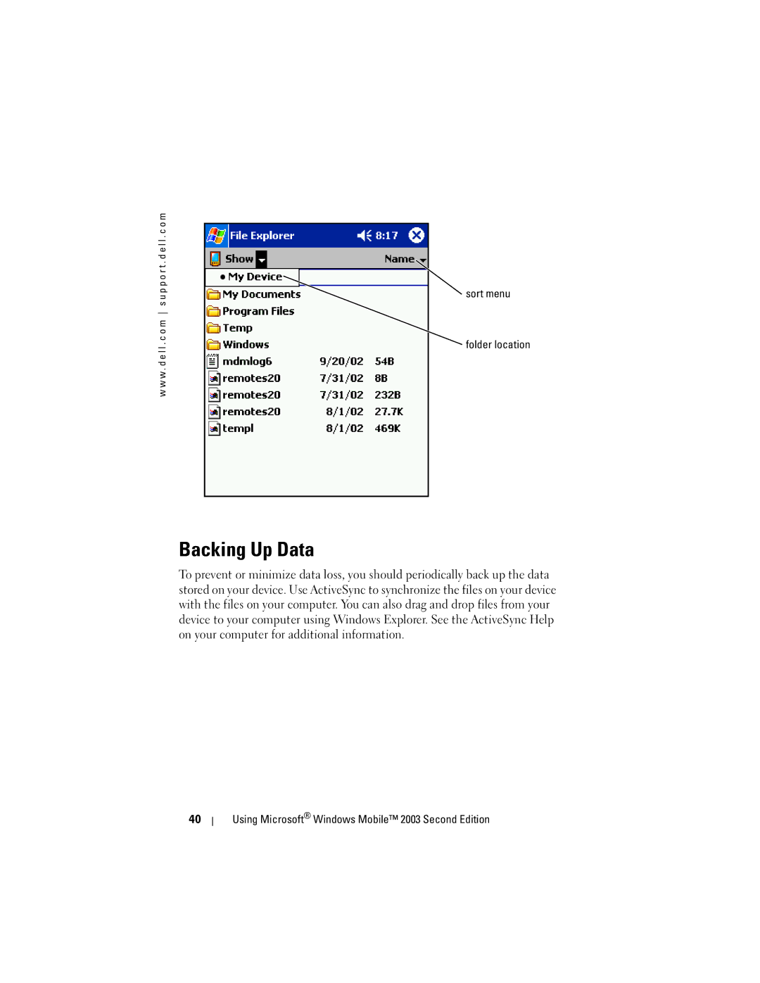 Dell HC02U-C, HC02U-W, HD03U, HC02U-B owner manual Backing Up Data, Sort menu Folder location 