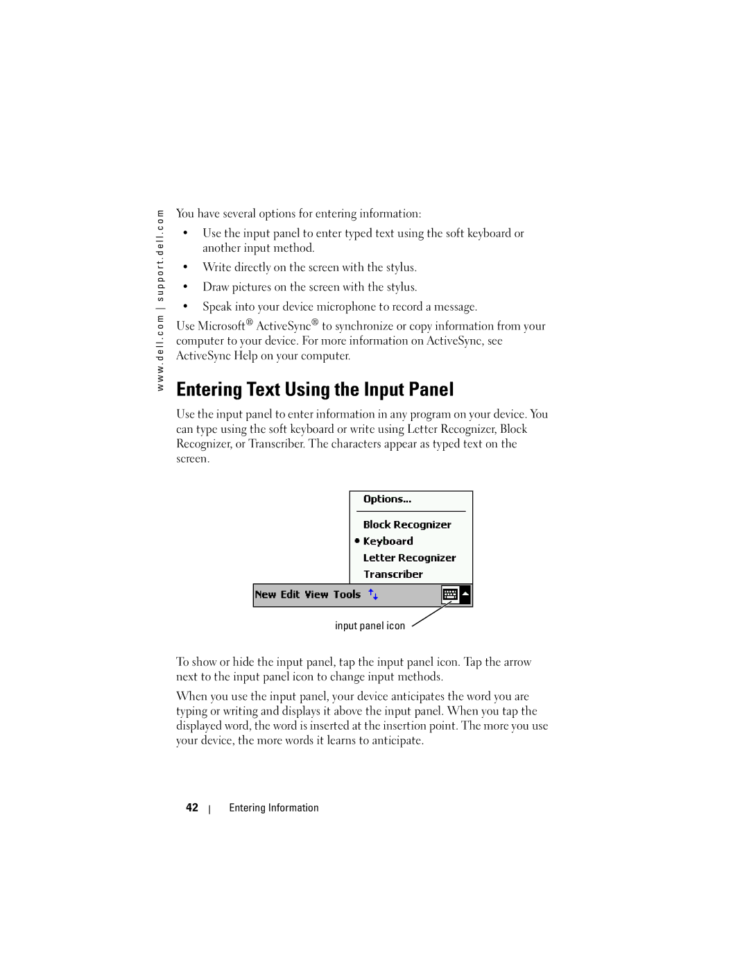 Dell HC02U-C, HC02U-W, HD03U, HC02U-B Entering Text Using the Input Panel, Input panel icon, Entering Information 