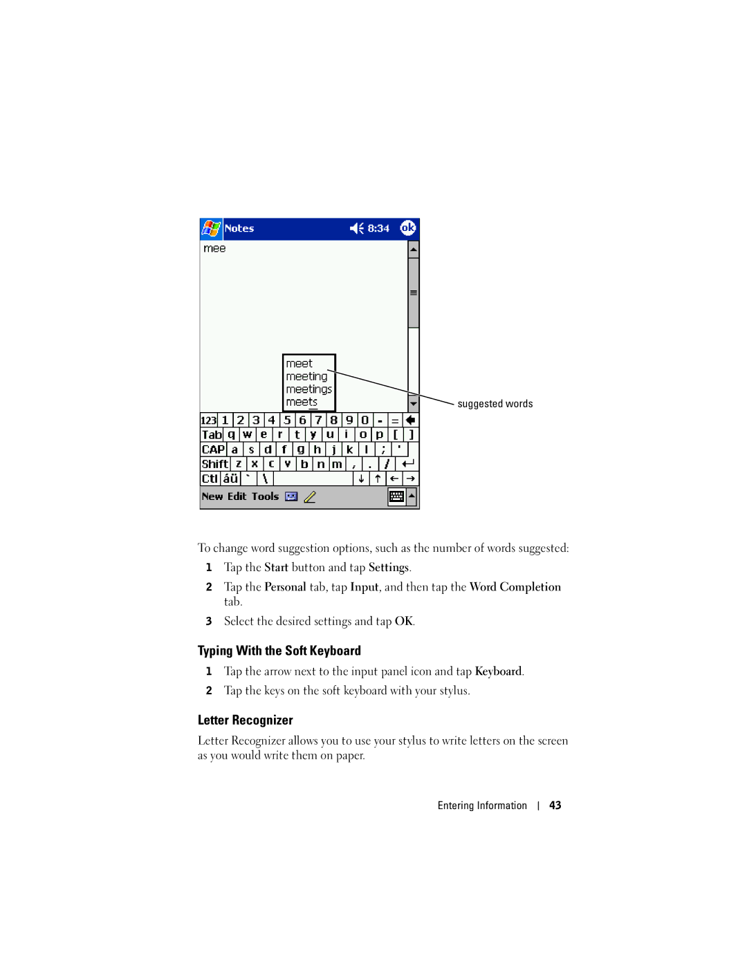 Dell HD03U, HC02U-C, HC02U-W, HC02U-B owner manual Typing With the Soft Keyboard, Letter Recognizer, Suggested words 