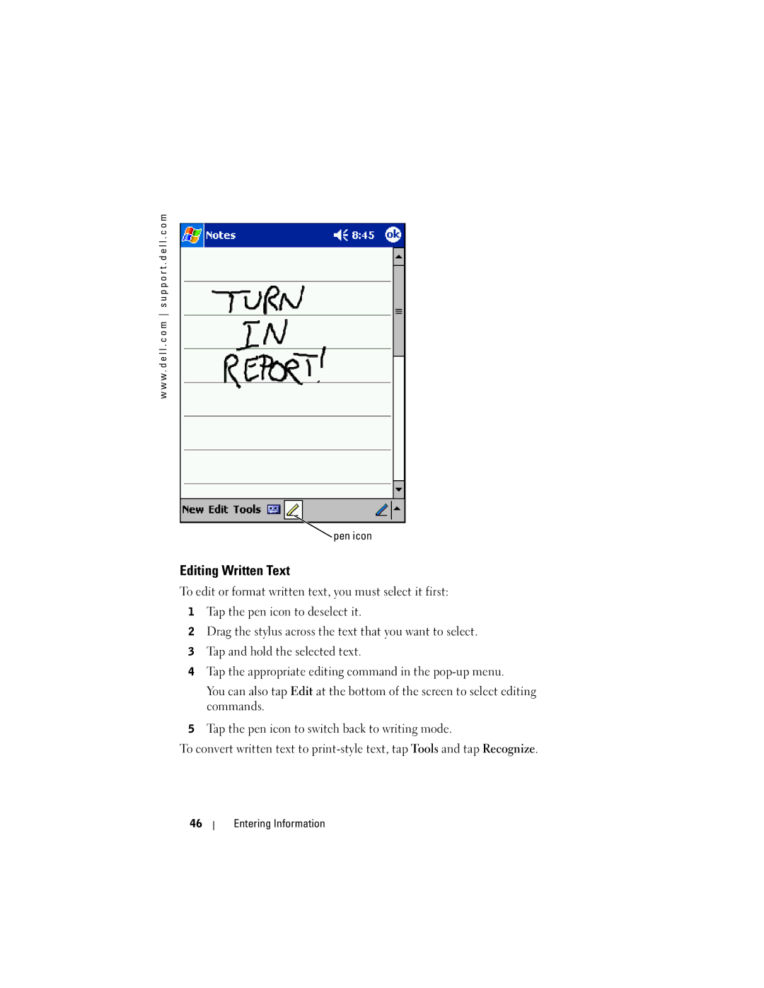 Dell HC02U-W, HC02U-C, HD03U, HC02U-B owner manual Editing Written Text, Pen icon 