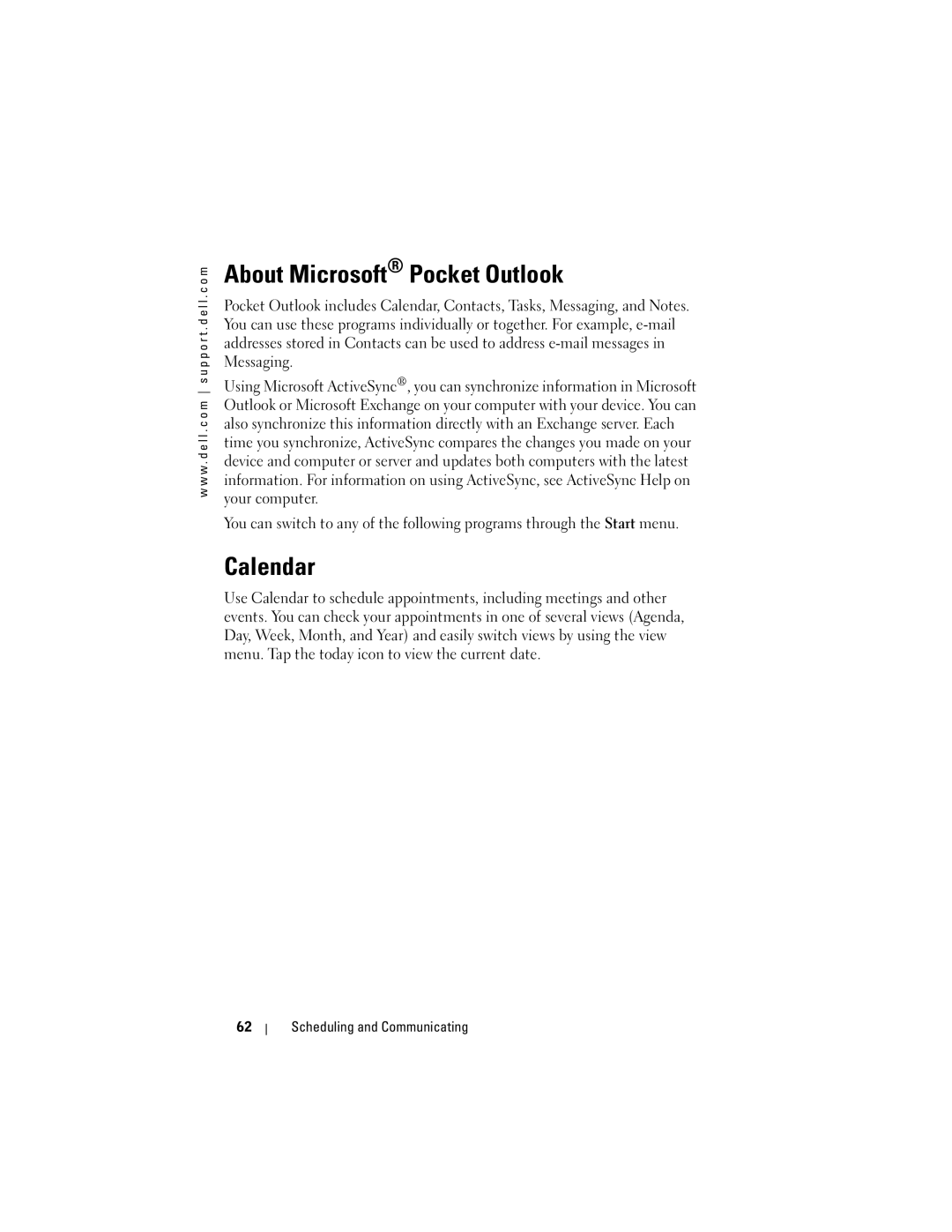 Dell HC02U-C, HC02U-W, HD03U, HC02U-B owner manual About Microsoft Pocket Outlook, Calendar, Scheduling and Communicating 