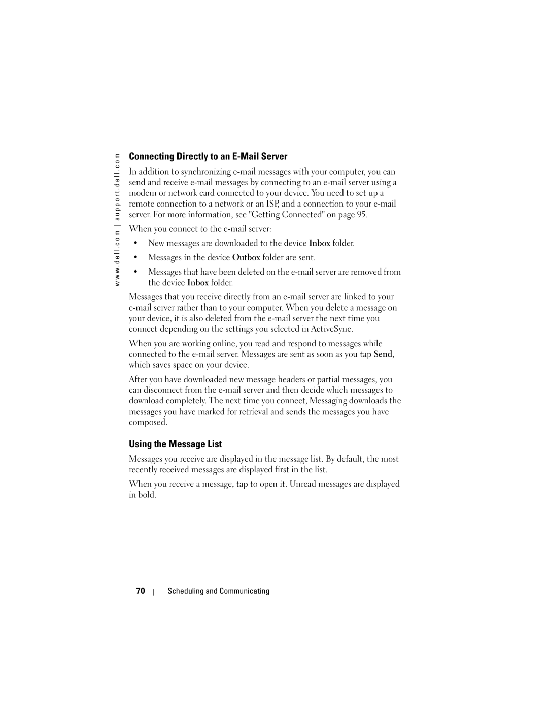 Dell HC02U-C, HC02U-W, HD03U, HC02U-B owner manual Connecting Directly to an E-Mail Server, Using the Message List 