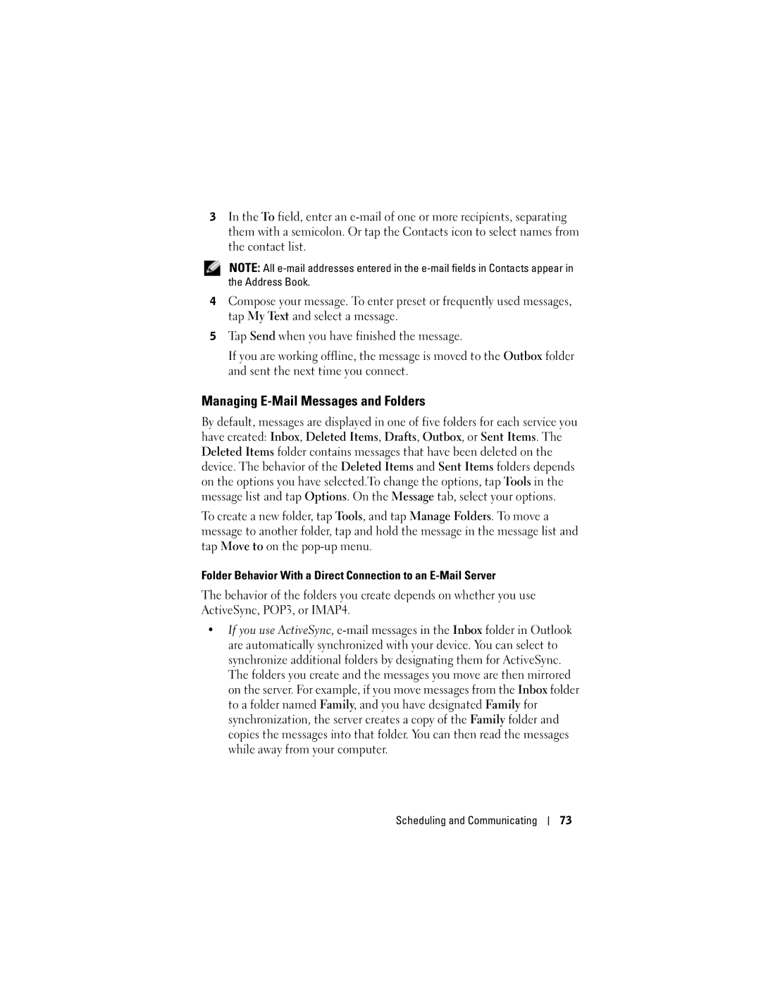 Dell HD03U, HC02U-C Managing E-Mail Messages and Folders, Folder Behavior With a Direct Connection to an E-Mail Server 