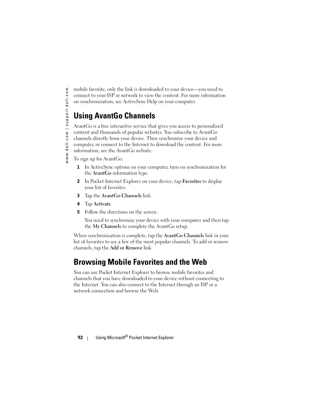 Dell HC02U Using AvantGo Channels, Browsing Mobile Favorites and the Web, Tap the AvantGo Channels link Tap Activate 