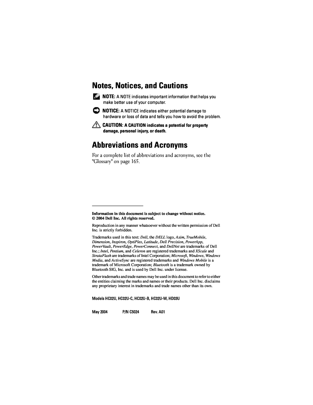 Dell Notes, Notices, and Cautions, Abbreviations and Acronyms, Models HC02U, HC02U-C, HC02U-B, HC02U-W, HD03U 