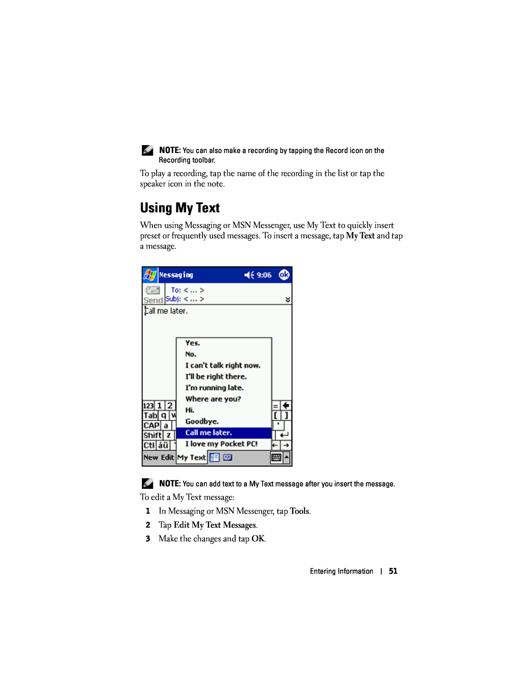 Dell HC02U-W, HC02U-C, HD03U, HC02U-B owner manual Using My Text, Tap Edit My Text Messages 