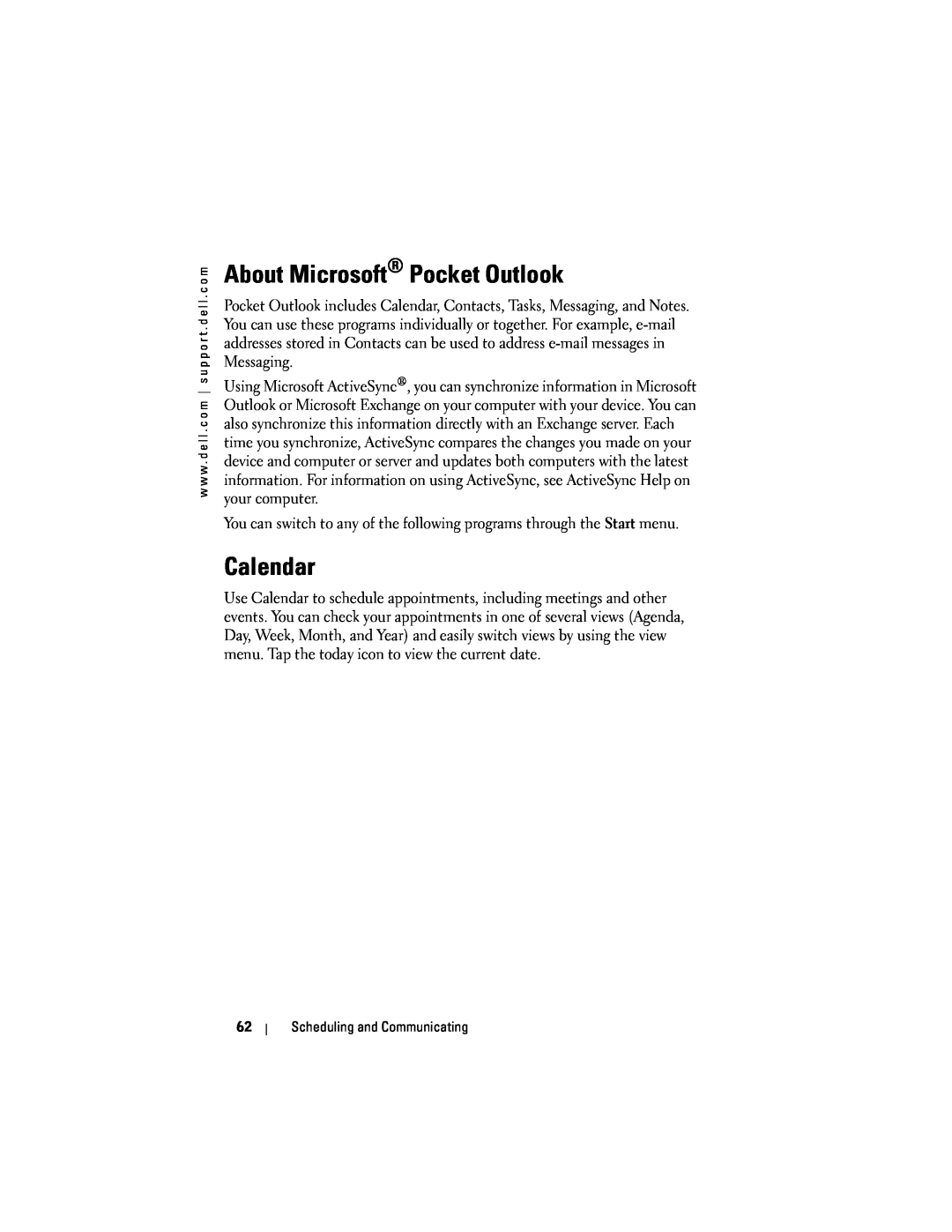 Dell HC02U-C, HC02U-W, HD03U, HC02U-B owner manual About Microsoft Pocket Outlook, Calendar, Scheduling and Communicating 