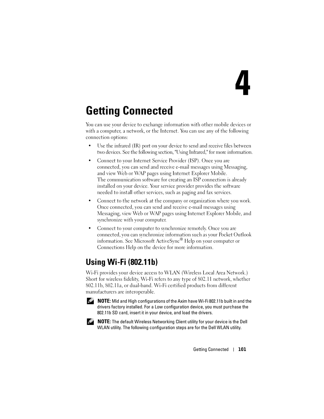 Dell HC03UL, HD04U owner manual Getting Connected, Using Wi-Fi 802.11b 