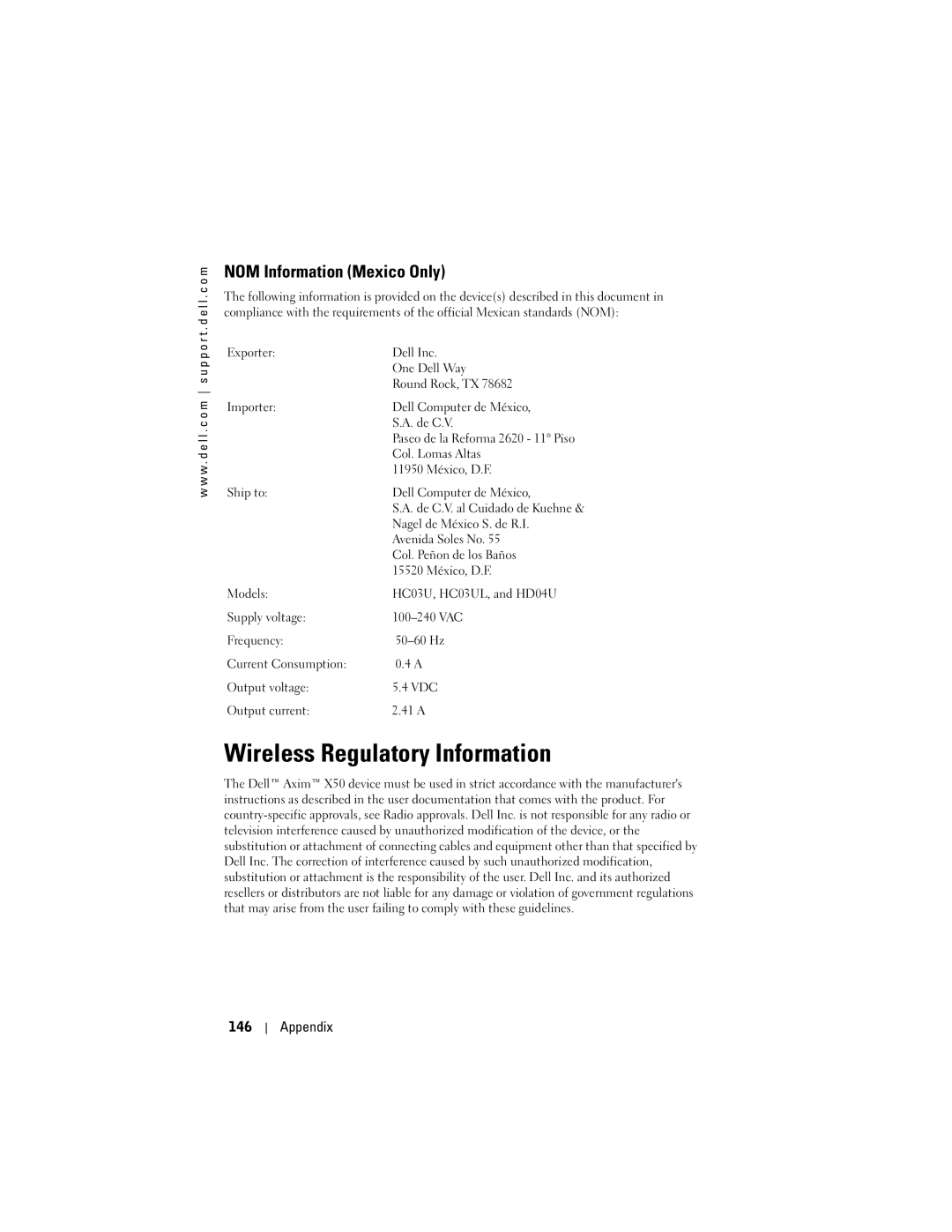 Dell HC03UL, HD04U owner manual Wireless Regulatory Information, NOM Information Mexico Only 