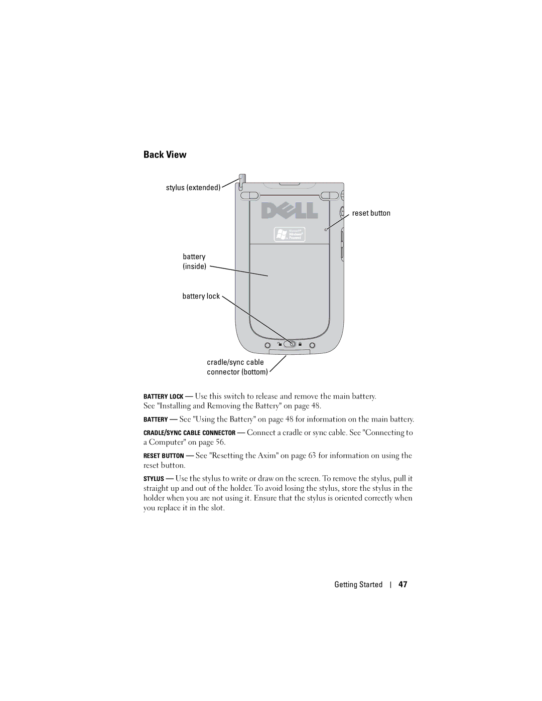 Dell HC03UL, HD04U owner manual Back View, Stylus extended Reset button Battery inside Battery lock 