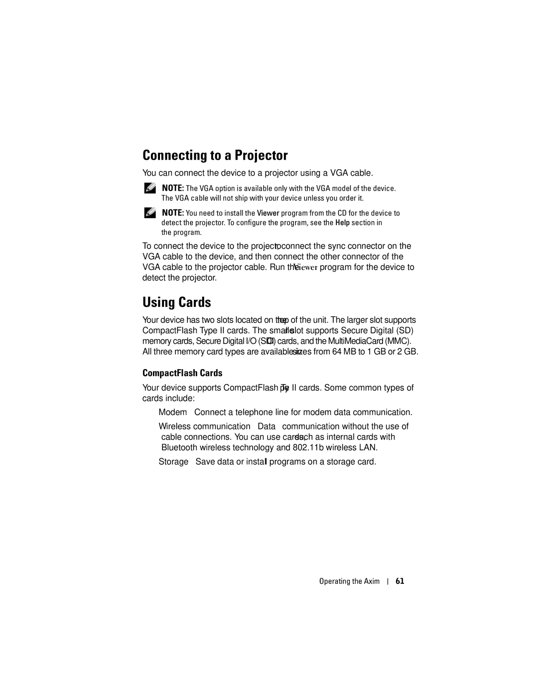 Dell HD04U, HC03UL owner manual Connecting to a Projector, Using Cards, CompactFlash Cards 