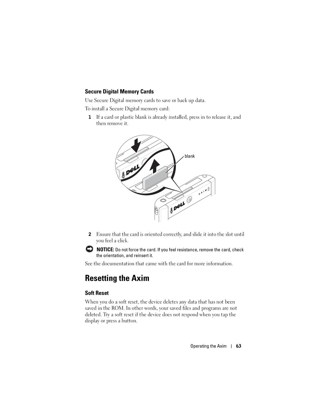 Dell HC03UL, HD04U owner manual Resetting the Axim, Secure Digital Memory Cards, Soft Reset 