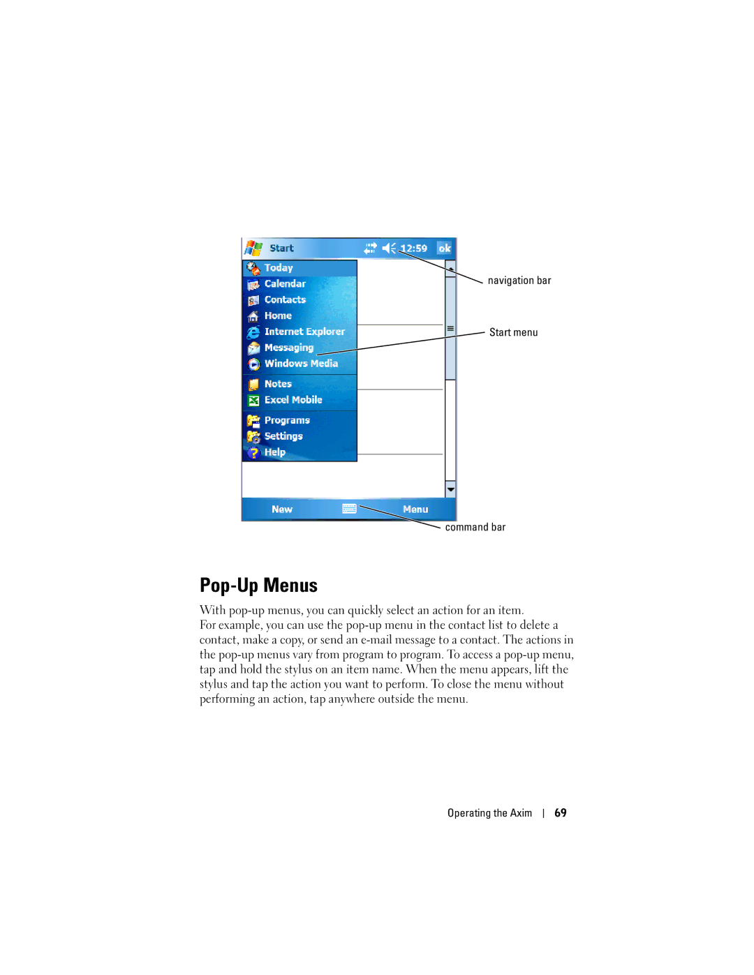 Dell HC03UL, HD04U owner manual Pop-Up Menus 