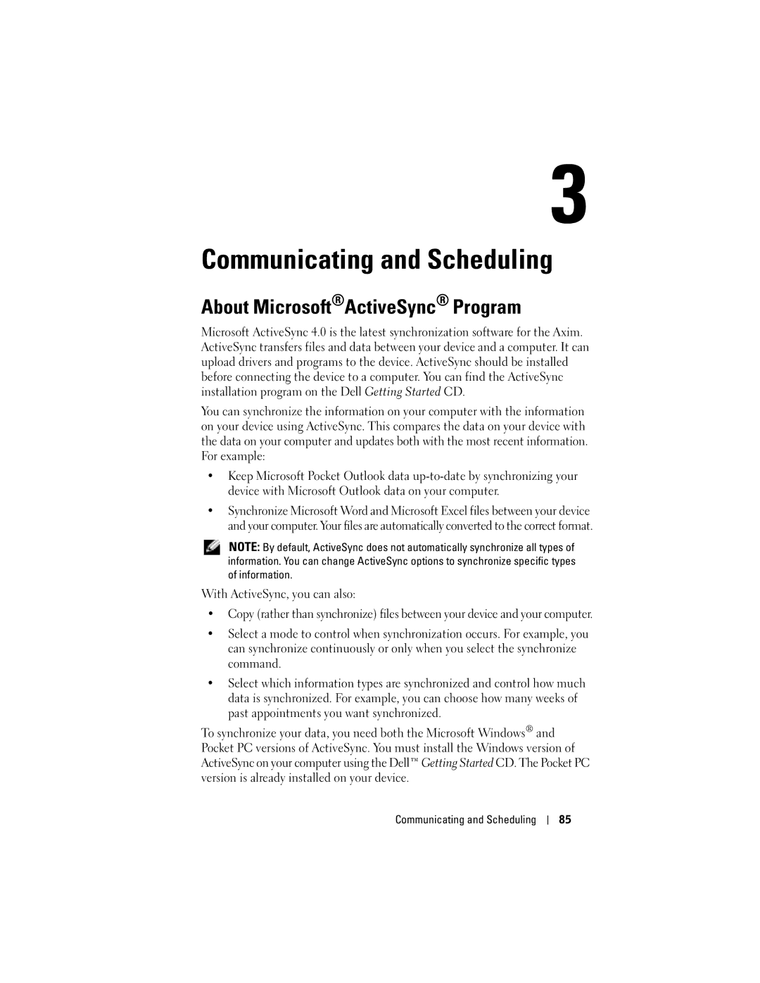 Dell HD04U, HC03UL owner manual Communicating and Scheduling, About MicrosoftActiveSync Program 