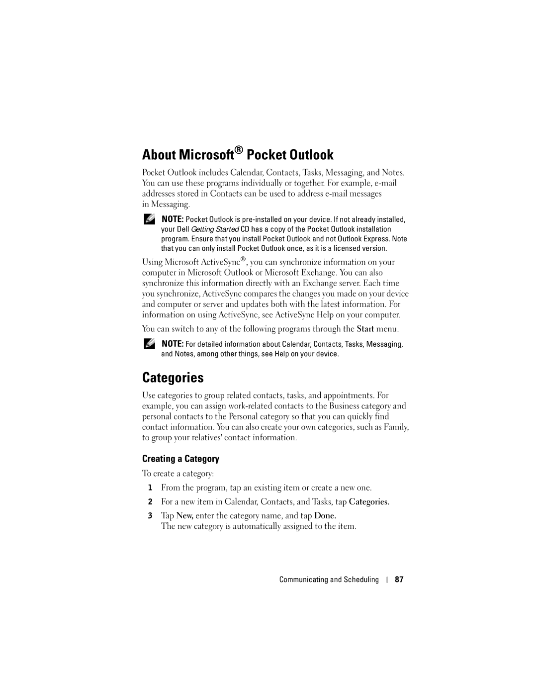 Dell HC03UL, HD04U owner manual About Microsoft Pocket Outlook, Categories, Creating a Category 