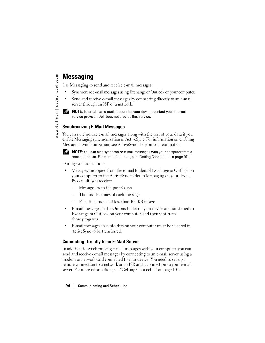 Dell HD04U, HC03UL owner manual Messaging, Synchronizing E-Mail Messages, Connecting Directly to an E-Mail Server 