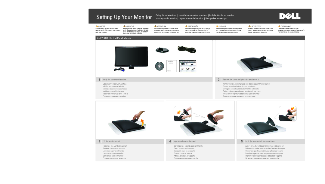 Dell ST2010B manual Verify the contents of the box, Remove the cover and place the monitor on it, Lift the monitor stand 