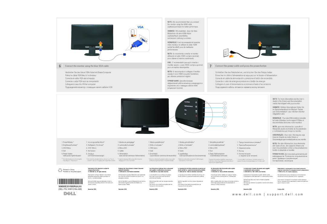 Dell HHM1G, ST2010B manual Connect the monitor using the blue VGA cable 