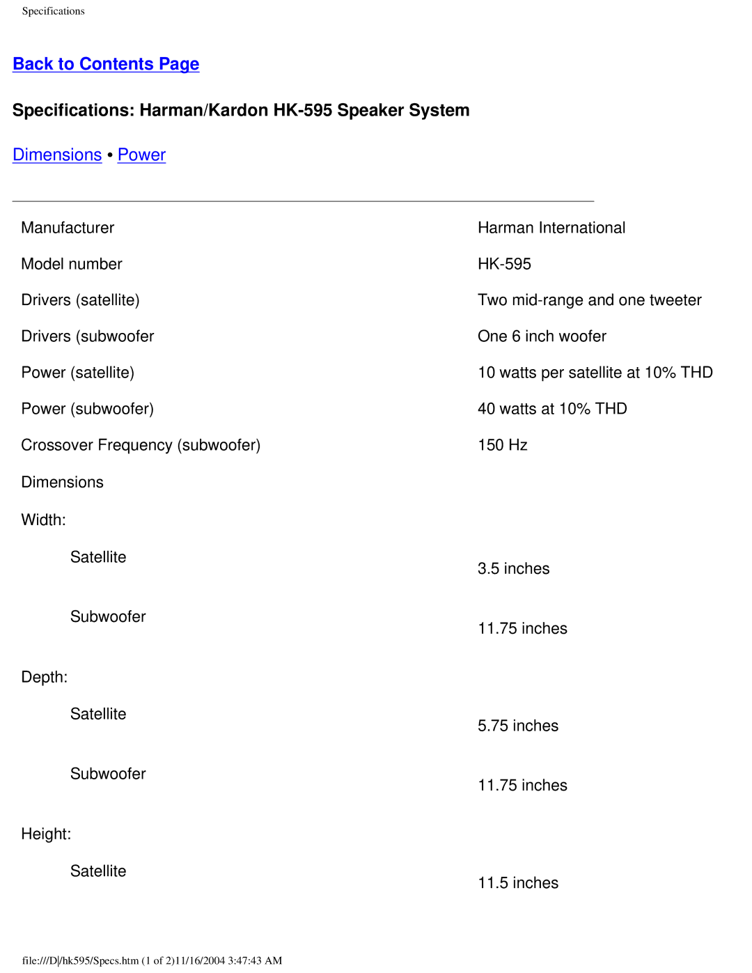 Dell specifications Specifications Harman/Kardon HK-595 Speaker System, Dimensions Power 