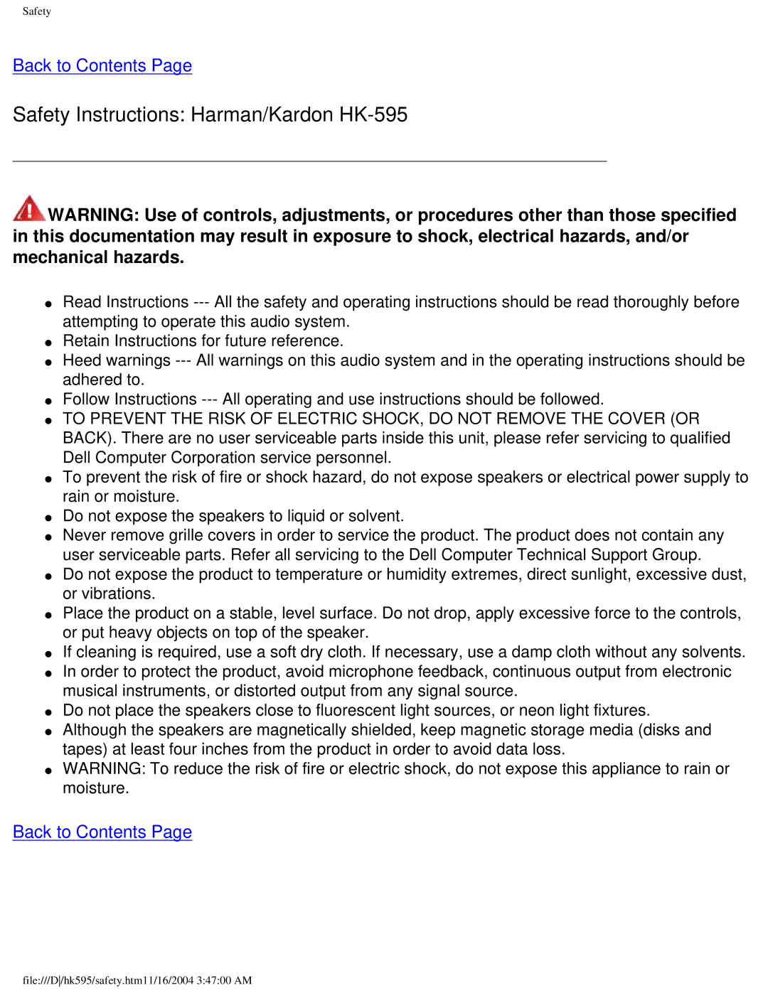 Dell specifications Safety Instructions Harman/Kardon HK-595 