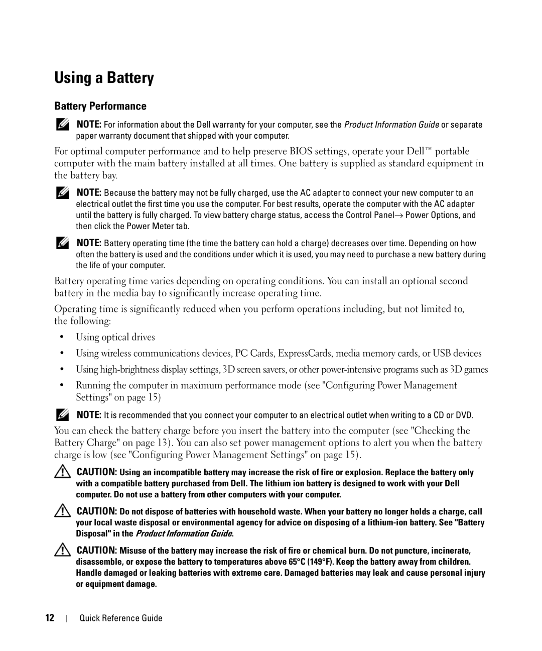 Dell HM328 manual Using a Battery, Battery Performance 