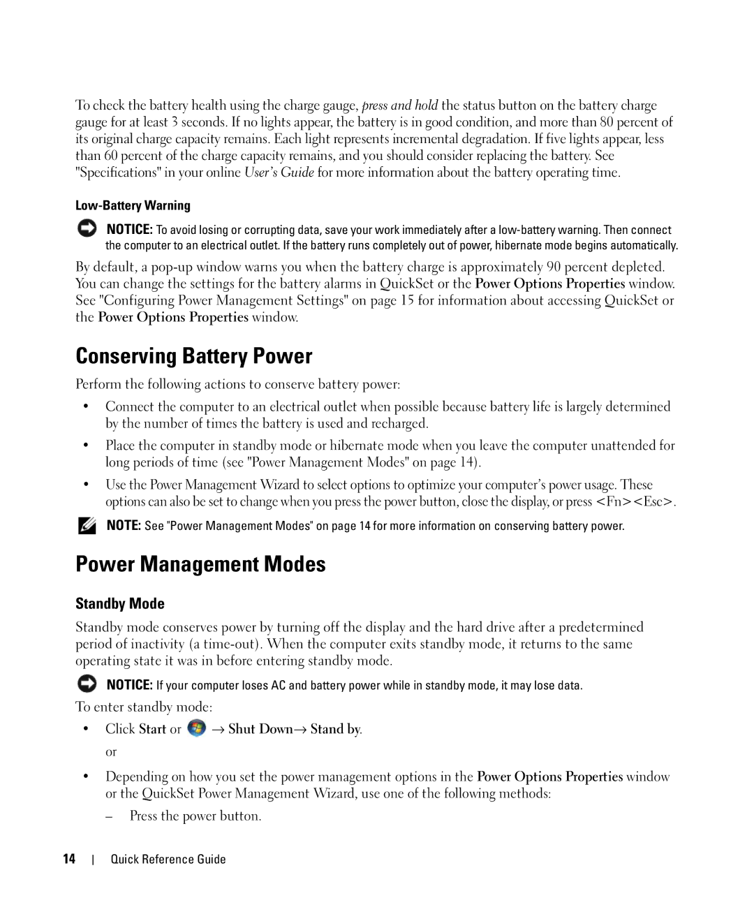 Dell HM328 manual Conserving Battery Power, Power Management Modes, Standby Mode, Low-Battery Warning 